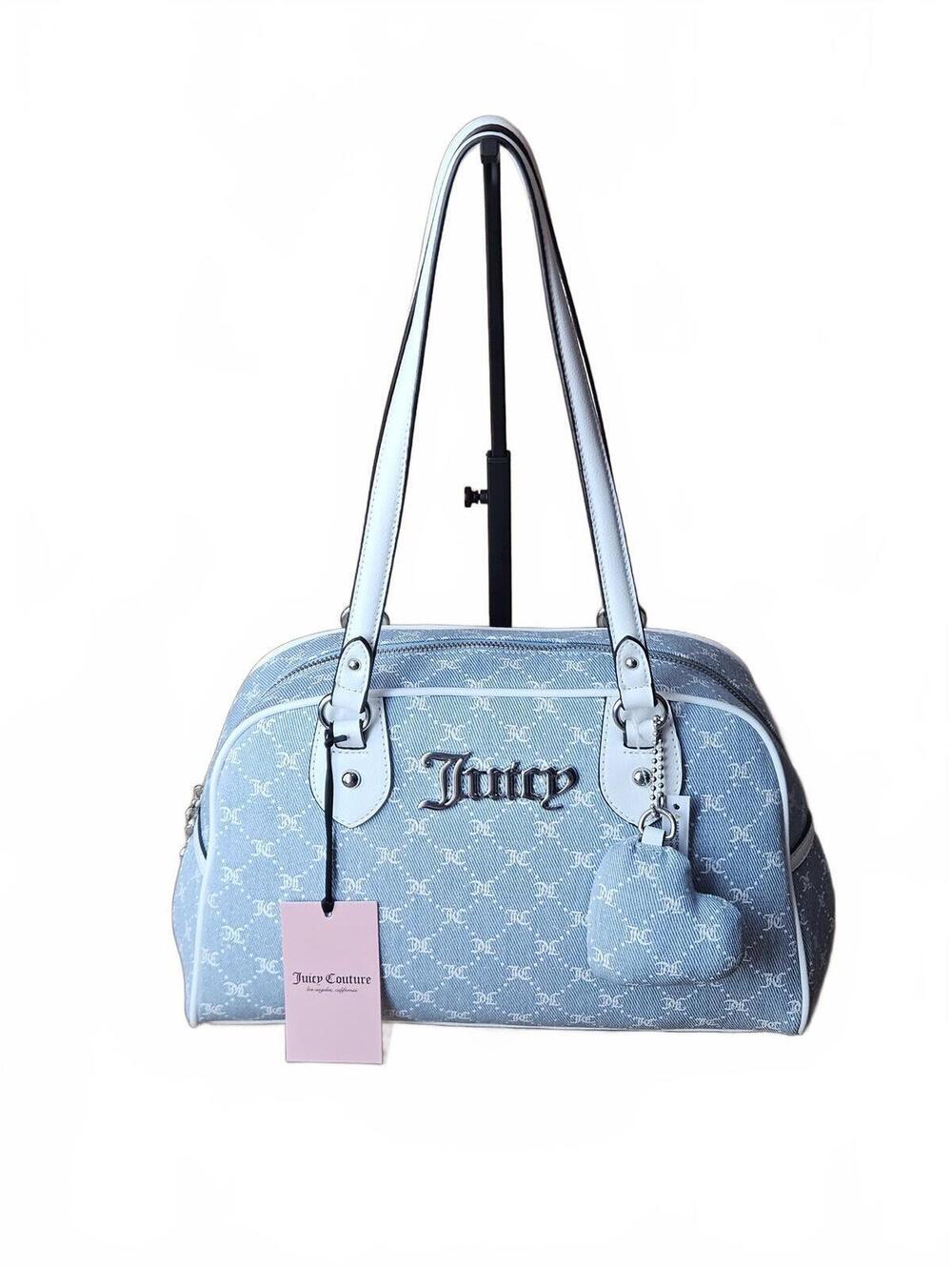 Juicy Couture She's The Moment Satchel Light Denim White Straps Heart Charm NWT